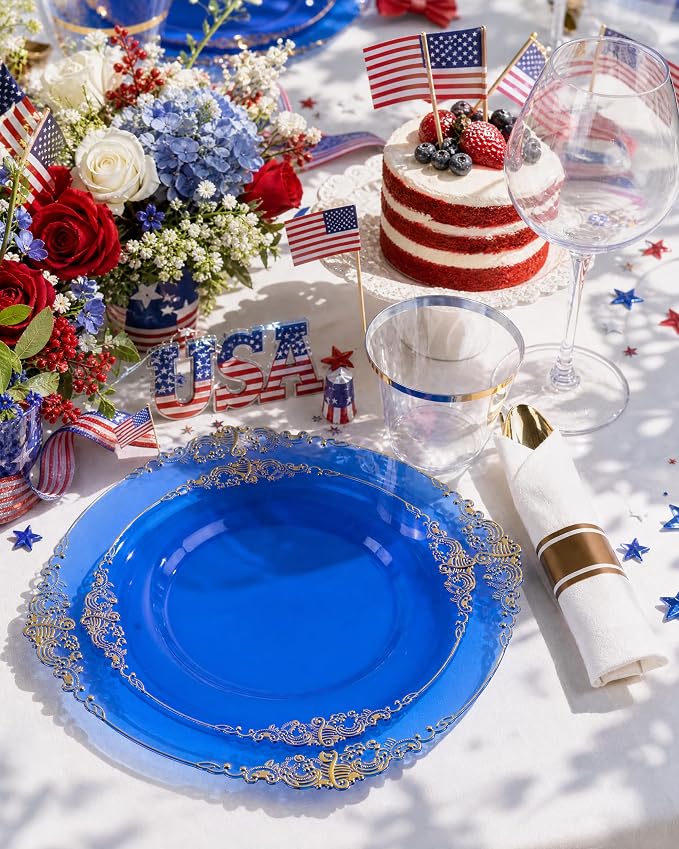 Nervure 175Pcs Blue Plastic Plates, Disposable Dinnerware Set - Image 5