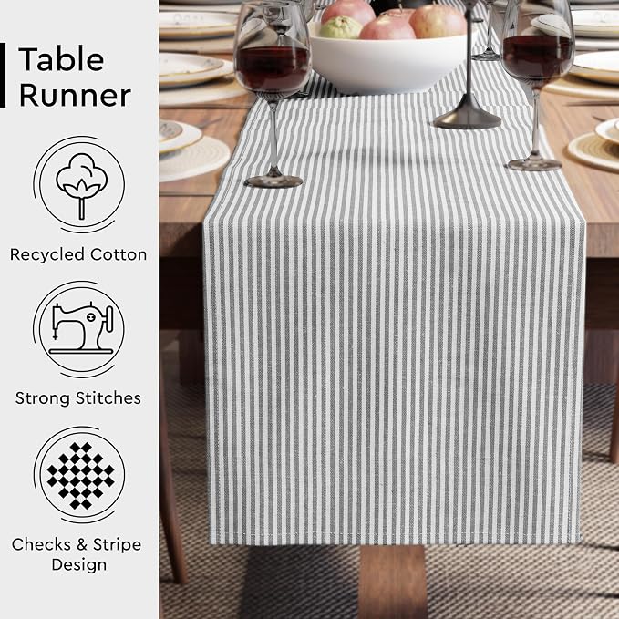 Encasa XO Table Runner, Woven Cotton Dining Runner 13"x72" | Ticking Black - Image 3