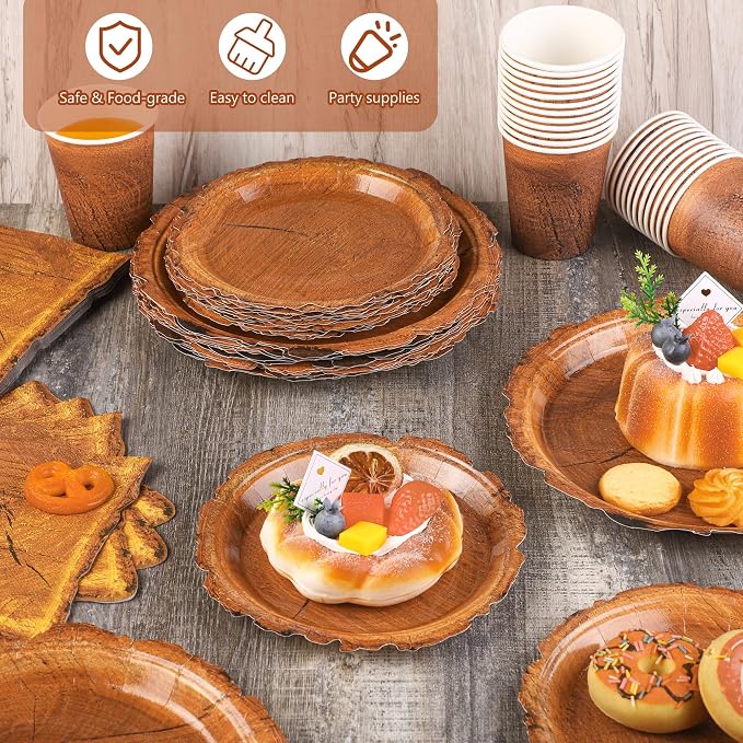 Kochorie 96 Pieces Wood Grain Slice Tableware Sets Rustic Wood Party Supplies - Image 5