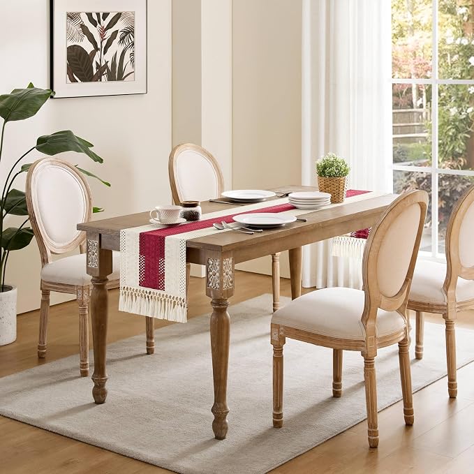 Macrame Style Bicolor Stitching Table Runner 14x72in Red | Woven Boho Table - Image 3