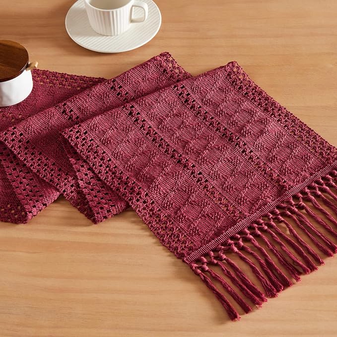 Macrame Style Boho Table Runner, 12x60 Inch Burgundy | Woven Boho Table Runner by ZEEMARTONLINE