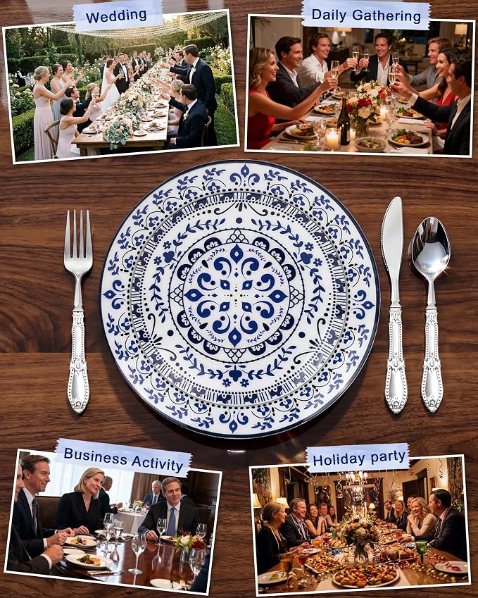 Blue Plastic Plates, Floral Disposable Plates, 10.25" dinner & 7.5" dessert - Image 5