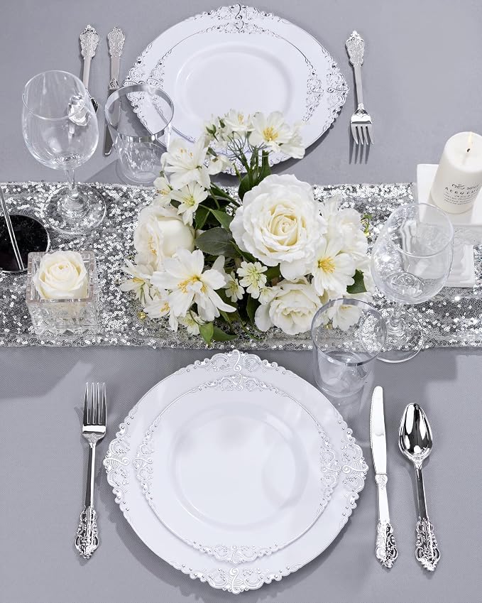 Nervure 175Pcs Silver Plastic Plates, Plastic Dinnerware Set - Image 6