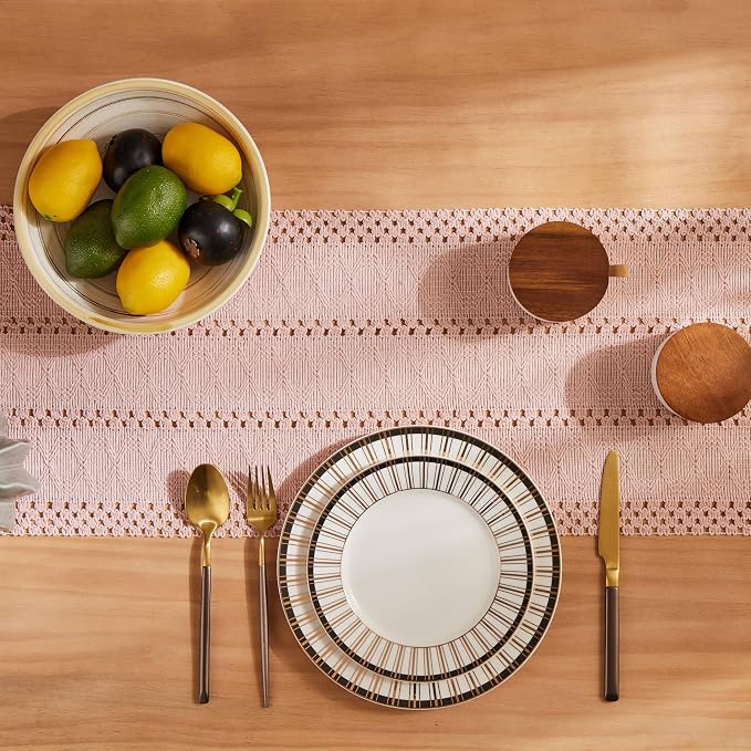 Macrame Style Boho Table Runner, 12x108 Inch Light Pink | Woven Boho Table - Image 4