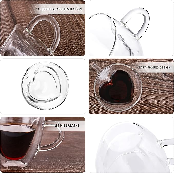 CNGLASS Double Wall Heart Shaped Glass Coffee Mugs 8.5oz, Insulated Clear Tea - Image 2