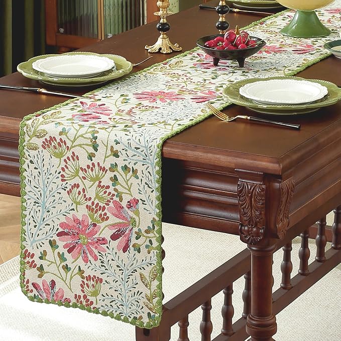 Spring Botanical Floral Green Lace Table Runners 12 x 71 Inch | Jacquard Weave - Image 4