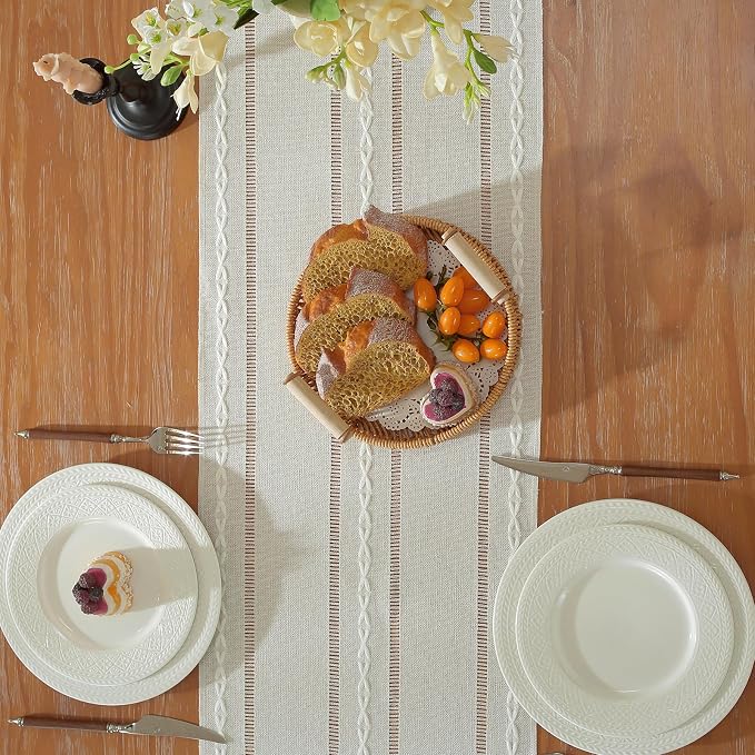 Boho Cotton Linen Beige Table Runner, Ivory Farmhouse Woven Table Runners - Image 3