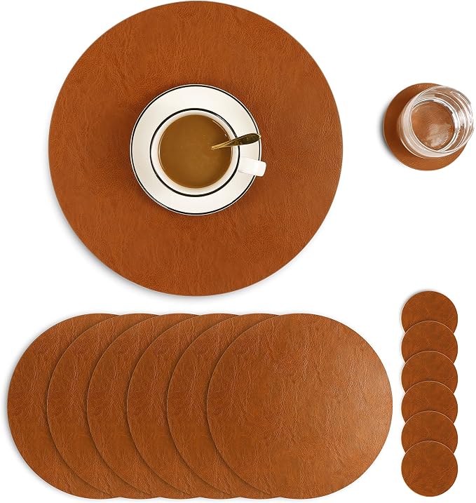 Set of 6 PU Leather Placemats, Waterproof Coffee Coasters, Kitchen Table Mats by JOVONO