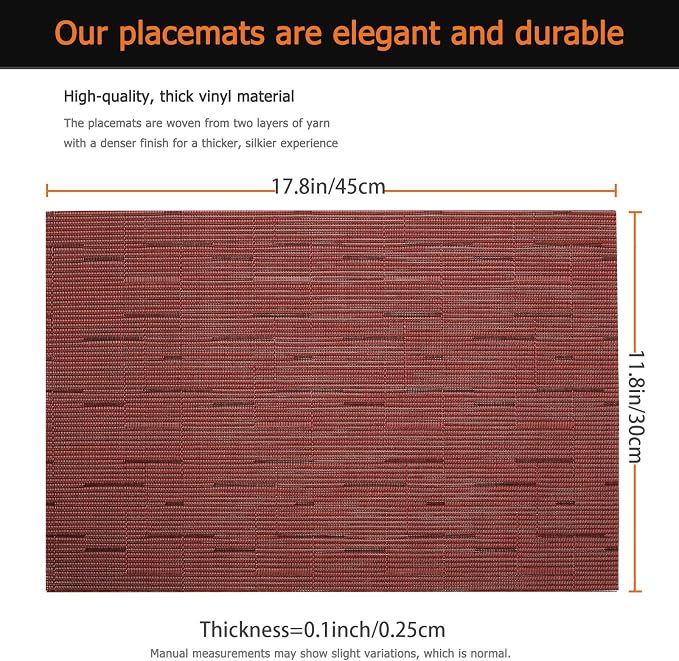 Red Vinyl Placemats Set of 12, Heat Resistant Table Placemats | 18x12 inch - Image 3