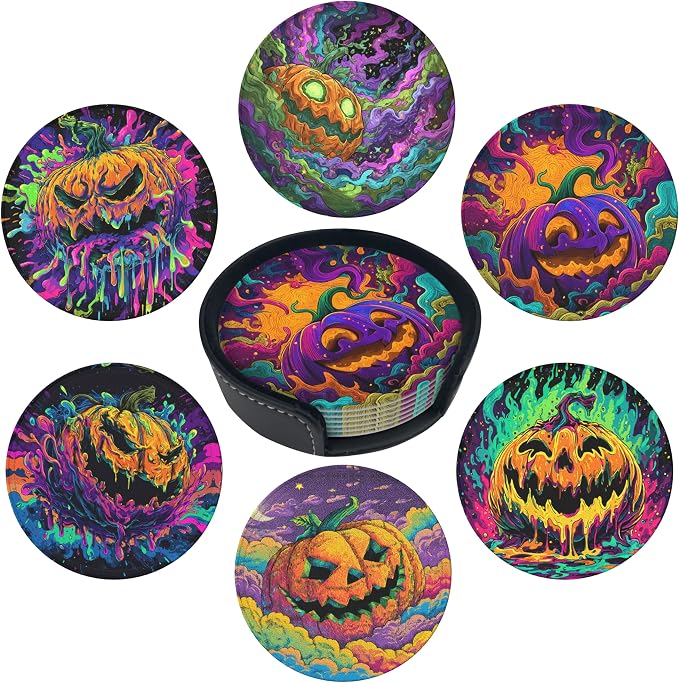 Pumpkin Coasters Leather Round Drink Coasters 6 Pcs Set by Yopiiefa