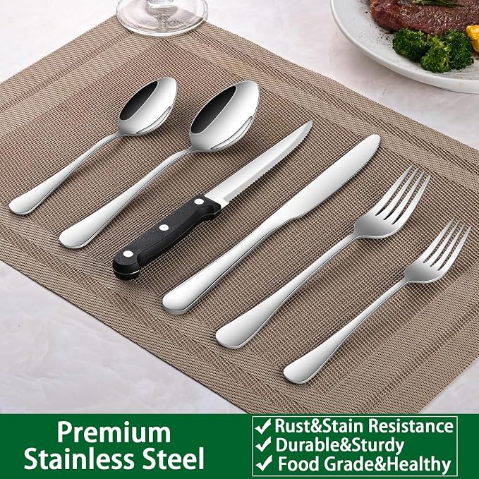 24-Piece Silverware Set with Steak Knives, Flatware Set Service - Image 6