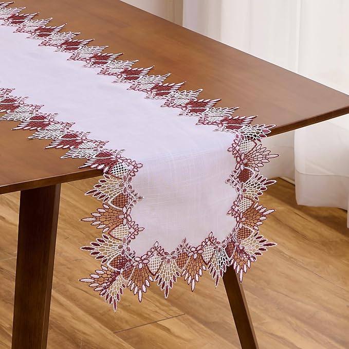 White Dark Red Linen Lace Table Runner 36 inches Dresser Scarf | Dresser Runner by Raedan