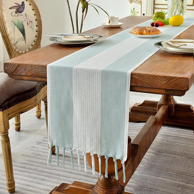Wracra Linen Table Runner, Stripe Table Runners 48 Inches Long Aque Blue | - Image 7