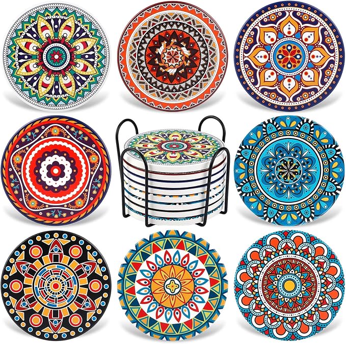 Coasters for Drinks, AODINI Set of 8 Absorbent Stone Coasters for Wooden Table by AODINI