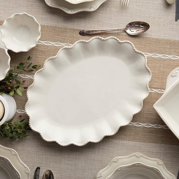 Heritage Scroll Large Oval Platter – 16" x 12" Ivory Stoneware Serving Tray - Image 3