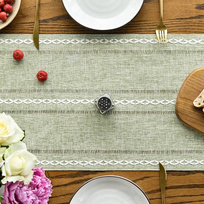 Artoid Mode Sage Green Rustic Cotton Linen Table Runner, Seasonal Embroidered - Image 2