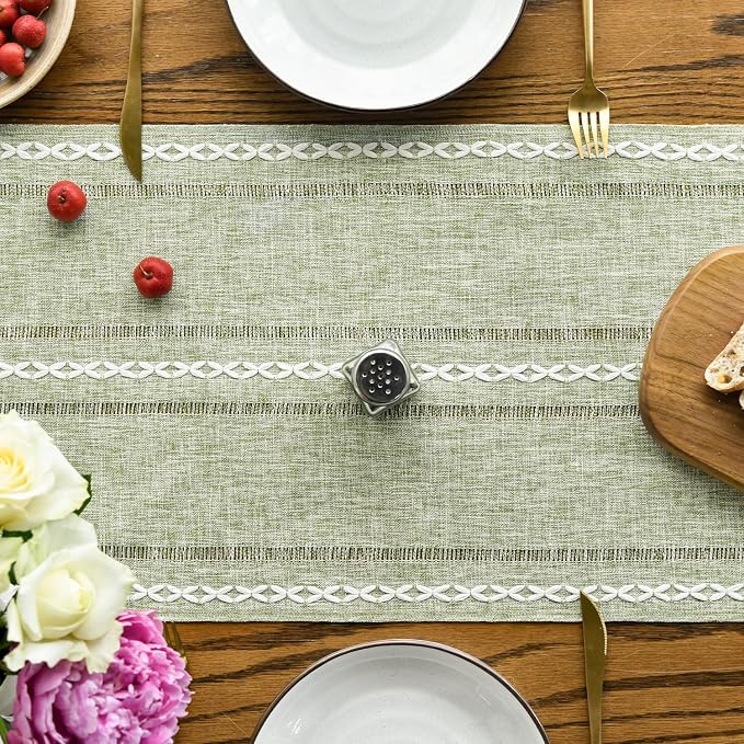 Artoid Mode Sage Green Rustic Cotton Linen Table Runner, Seasonal Embroidered - Image 2