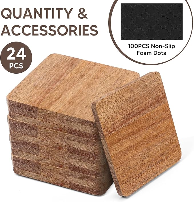 24PCS Wood Coasters Square Wooden Coaster - Image 3