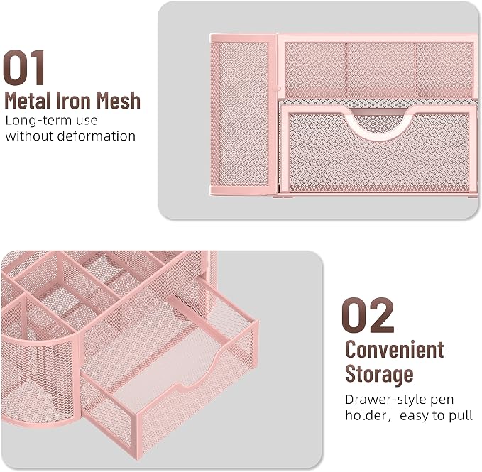 Mesh Desk Organizer with Drawer, 9-Compartment Pen Holder - Image 5
