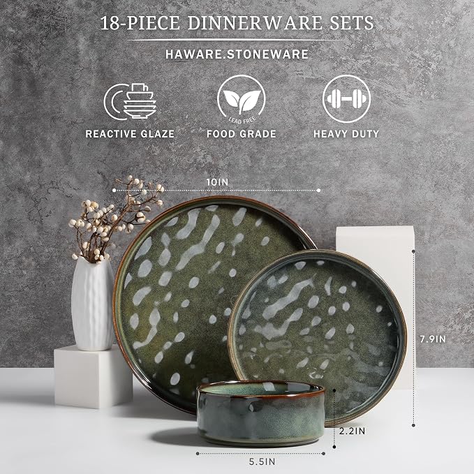 HaWare Dinnerware Sets, 18-Piece Plates and Bowls Set, Reactive Moss Green | - Image 2