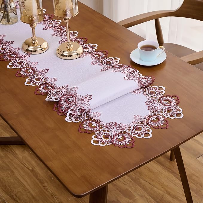 White Dark Red Jacquard Lace Floral Table Runner 108 inches | French Dresser - Image 5