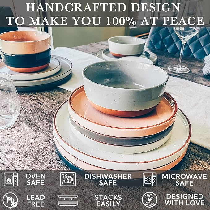 MORA Ceramic Flat Dinner Plates Set of 6, 10.5 in High Edge Dish Set - Image 4