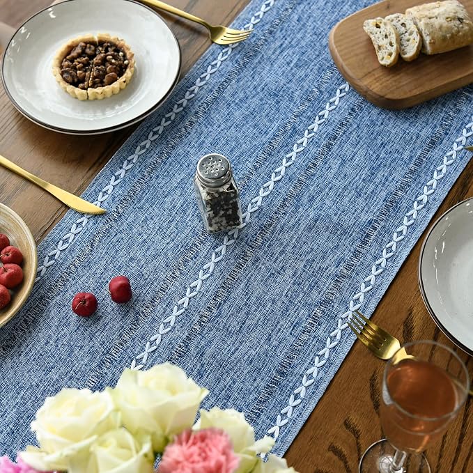 Artoid Mode Blue Rustic Cotton Linen Table Runner, Seasonal Embroidered Hollow - Image 4