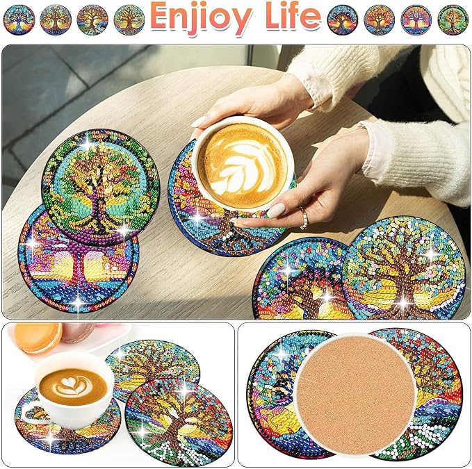 ijbnhd 8 PCS Tree of Life Diamond Art Coasters | Diamond Painting Coasters Kits - Image 2