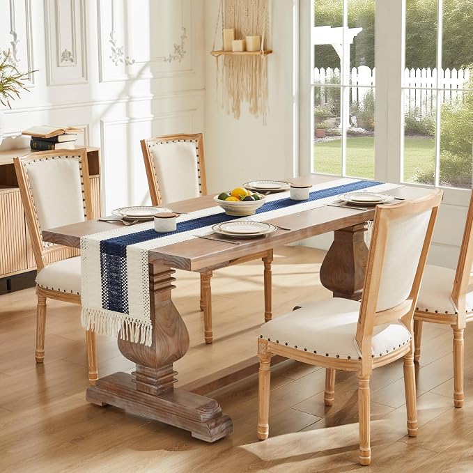 Macrame Style Bicolor Stitching Table Runner 14x72in Navy Blue | Woven Boho - Image 2