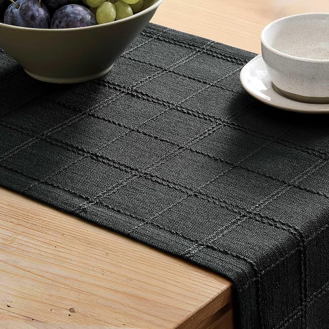 Linen Checked Farmhouse Table Runner, 13x72 Inches Black | Raised Grid Design - Image 5