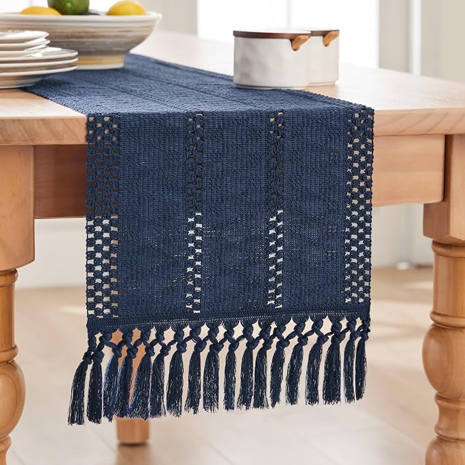 Macrame Style Boho Table Runner, 12x72 Inch Navy Blue | Woven Boho Table Runner - Image 7