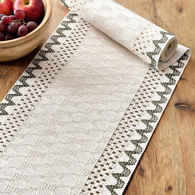 Macrame Side Trim Boho Woven Table Runner, Moss 12x60 Inch | Crochet Hollow - Image 4