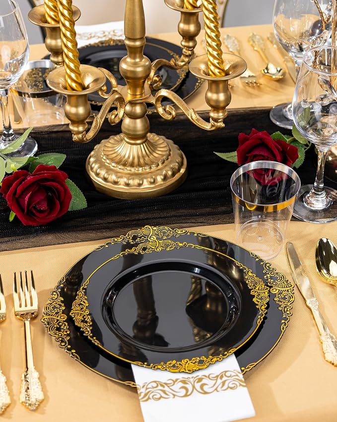Nervure 350Pcs Black Plastic Plates, Plastic Dinnerware Set - Image 3