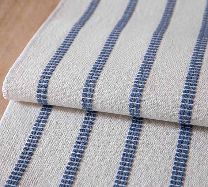 Caflife Boho Table Runner 90 Inchs Long Blue and Beige, Cotton and Linen Woven - Image 4