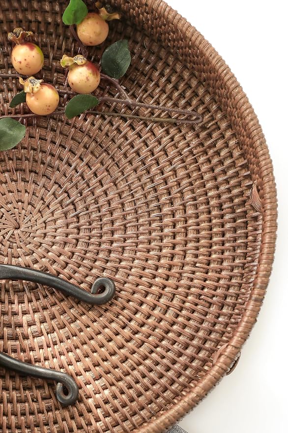 HITOMEN 14.2" Hand-Woven Round Rattan Serving Tray Decorative Ottoman Wicker - Image 3