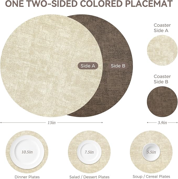 NCUE 13" Faux Leather Round Placemats Set of 6, Reversible Dual-Color | - Image 4