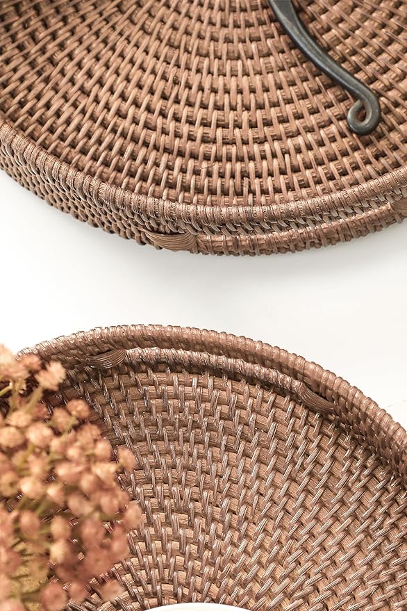 HITOMEN 14.2" Hand-Woven Round Rattan Serving Tray Decorative Ottoman Wicker - Image 4
