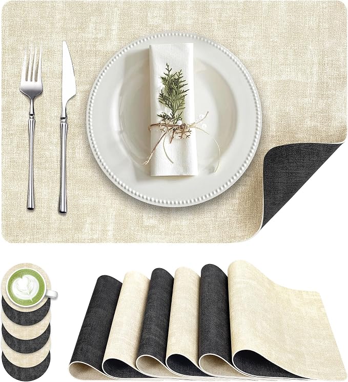 Fyvva Placemats Set of 6 Wipeable Reversible Faux Leather by Fyvva