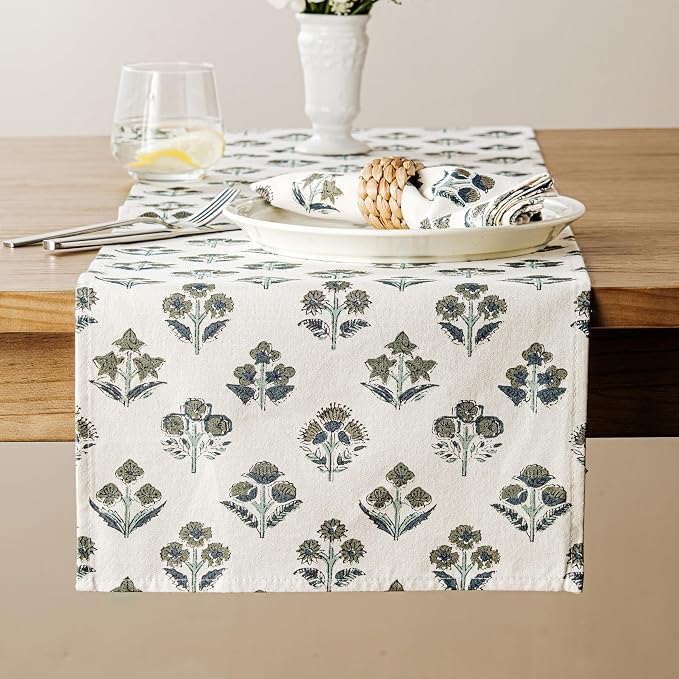 Block Print Floral Decorative Table Runners, 13x60 Inch Olive | 100% Organic by Unknown