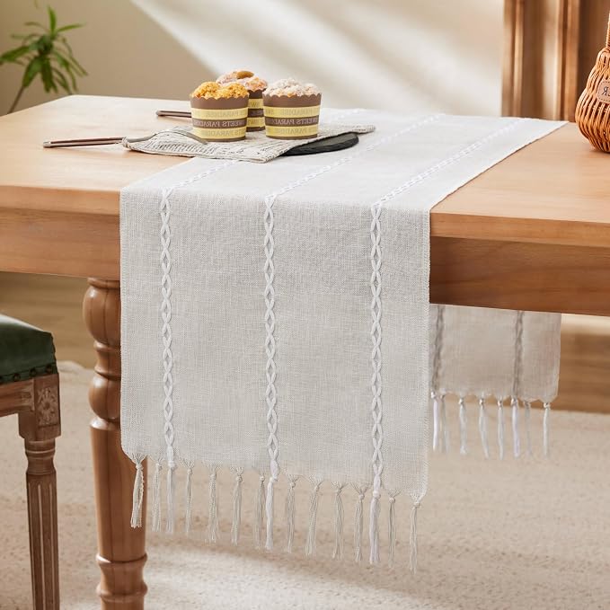 Braided Farmhouse Table Runner, Braided Light Grey 13x60 Inch, Cotton Linen by Unknown