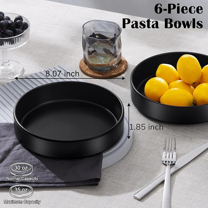 E-far Pasta Bowls Set of 6, 35 oz Large Stoneware Bowl Plates | Shallow & Wide - Image 2