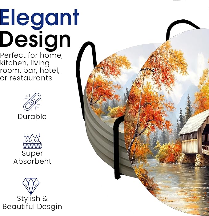 Fall Season Leaves Round Coasters Set of 6 - Image 4