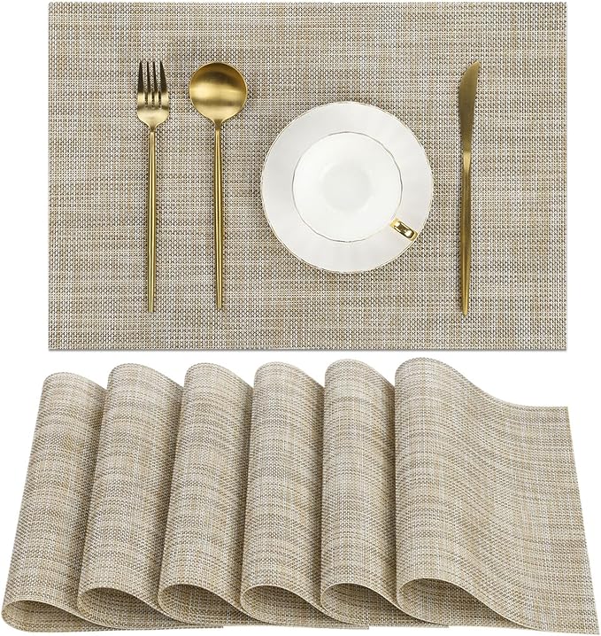 SHACOS Placemats Set of 6 Woven Vinyl Place Mats Wipeable Heat Resistant Stain by SHACOS