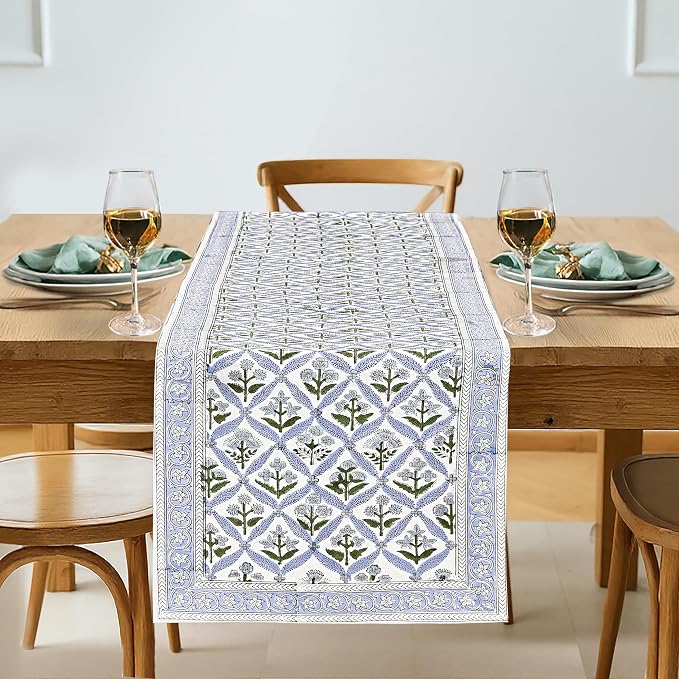 Light Steel Blue Hand Block Print 100% Cotton Table Runner 16x70 Inch | Perfect by Ridhi