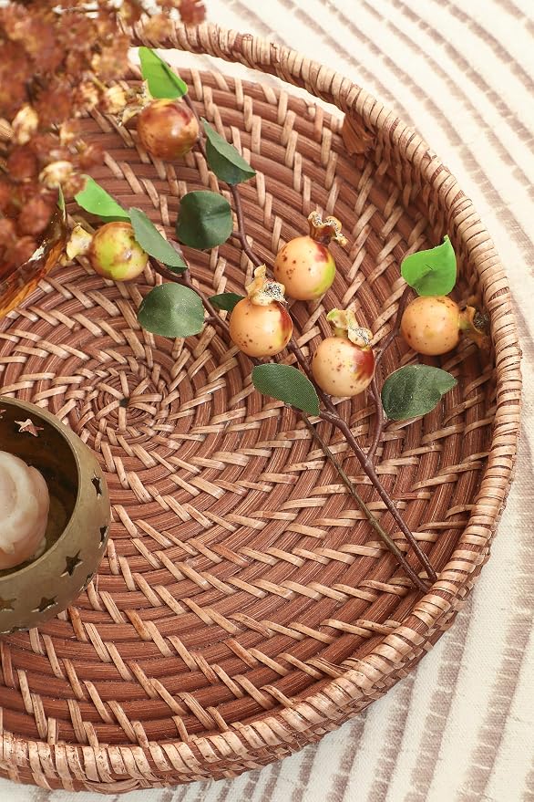 HITOMEN 11.8" Hand-Woven Round Rattan Serving Tray Decorative Wicker Trays - Image 5
