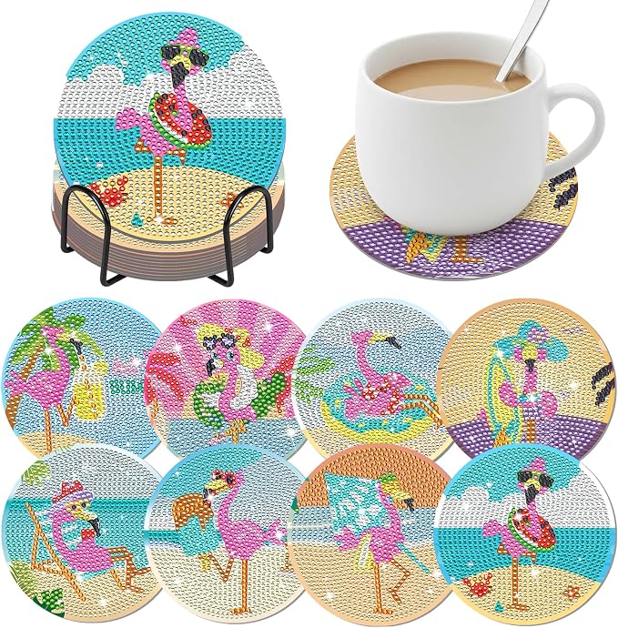 8 Pcs Boho Diamond Art Painting Coasters Holder Sands Flamingos | Abstract - Image 8