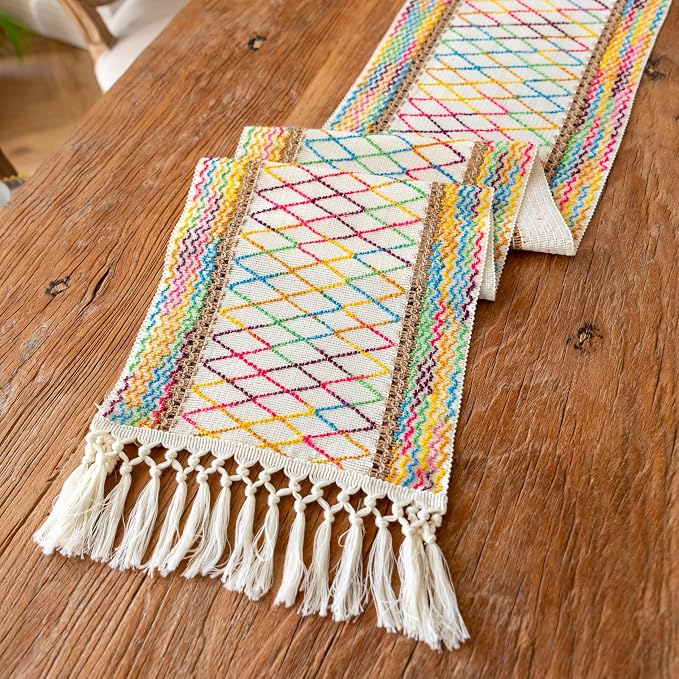 EMMTEEY Macrame Table Runner Boho Style 94 Inches Long, Hexagonal Colorful | - Image 3