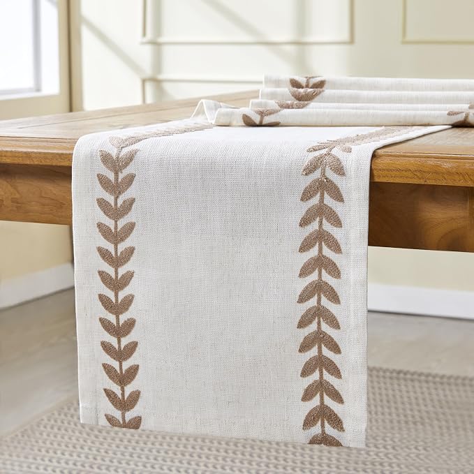 Linen Embroidered Table Runner, Taupe Table Runners 72 Inches Long | Linen - Image 5