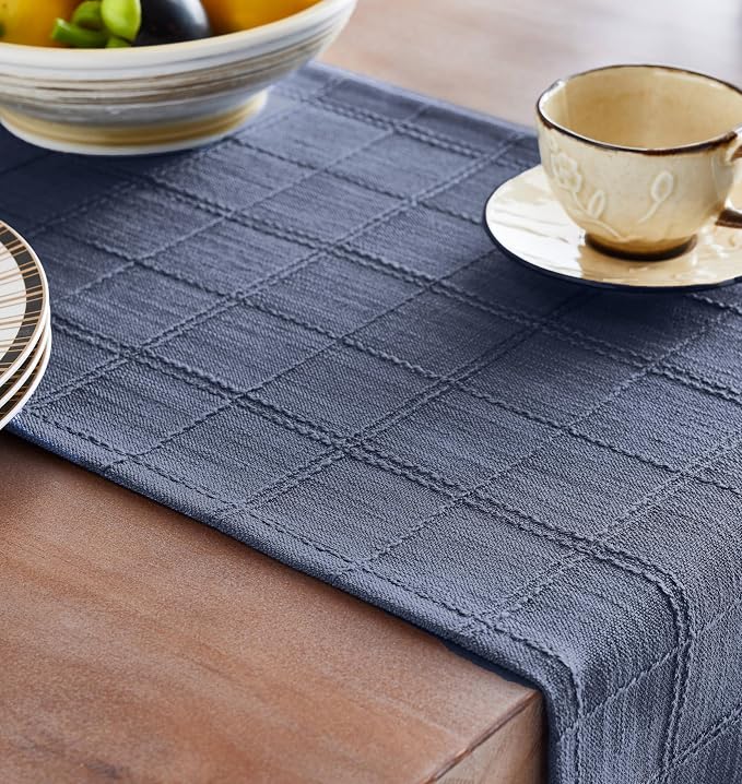 Linen Checked Farmhouse Table Runner, 13x90 Inches Blue | Raised Grid Design - Image 5