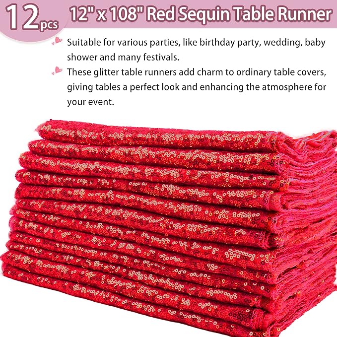 12 Packs 12 X 108 Inch Red Sequin Table Runner Glitter Dining Table Runner - Image 2